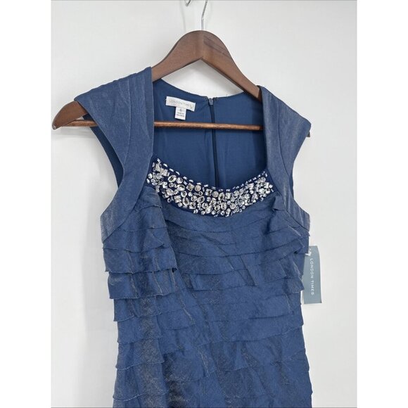 London Times Womens Size 6 Shimmer Blue Layered Rhinestone Neck Cocktail Dress - Picture 5 of 10